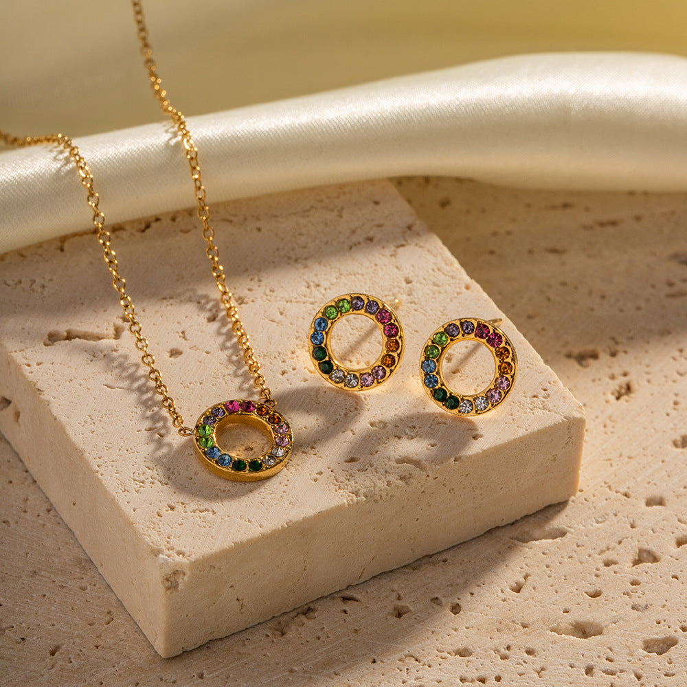 18k Gold Noble and Exquisitely Inlaid Colorful Zircon Circle Design Light Luxury Wind Earrings Necklace Set - SAOROPHO