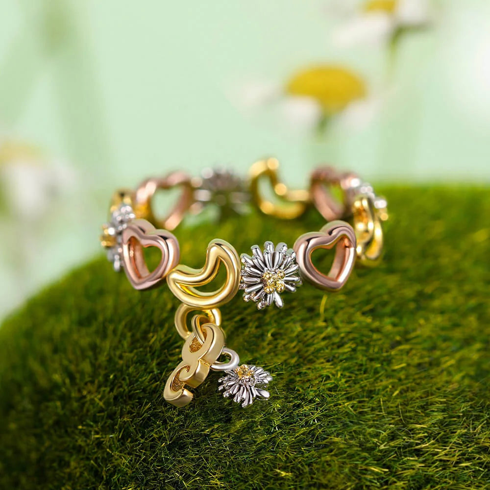 Personalized Initial Moon & Flower Ring Daisy Ring - SAOROPHO