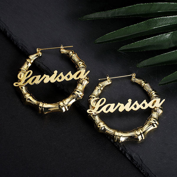 Personalized Name Bamboo Hoop Earrings - SAOROPHO