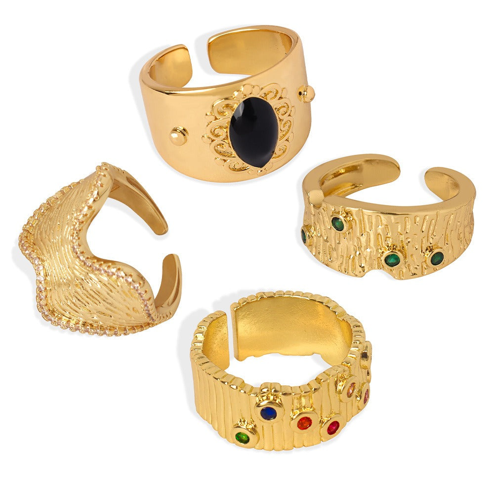 18K gold trendy and personalized irregular-shaped open ring with geometric bark pattern design - SAOROPHO