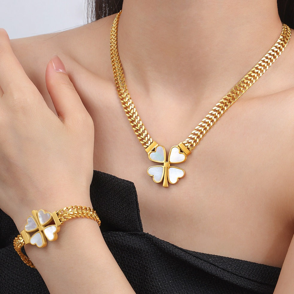 18K gold exquisite and fashionable four-leaf clover flower inlaid with gemstone design pastoral style necklace bracelet earrings set - SAOROPHO