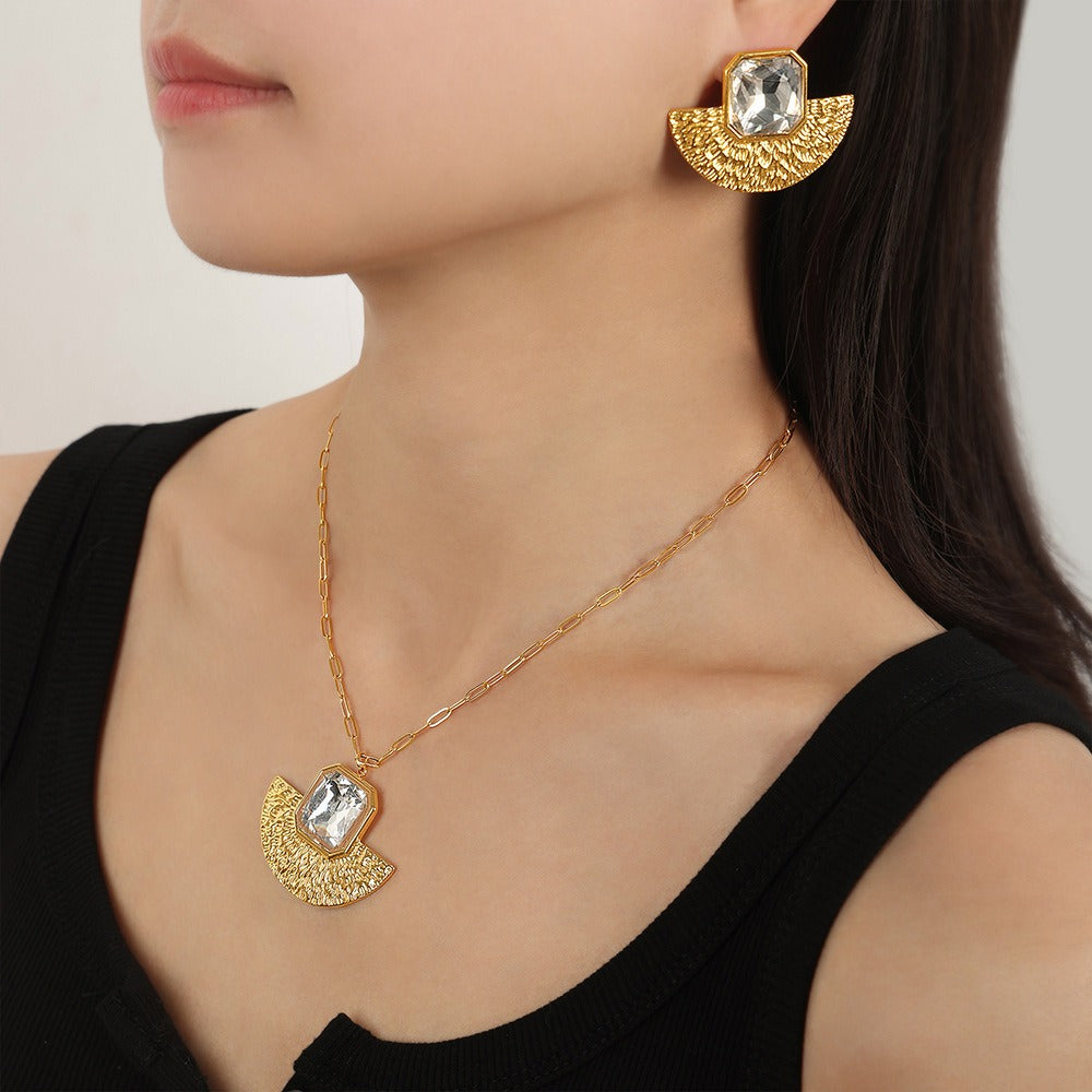 18K gold exaggerated fan-shaped volcano with gemstone design simple style necklace and earrings set - SAOROPHO