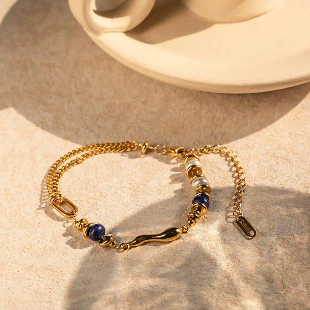 18k trendy personalized inlaid pearl and lapis lazuli shaped water drop design bracelet - SAOROPHO