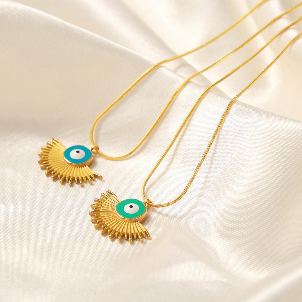 18K gold retro palace style geometric fan-shaped pendant necklace with devil's eye design - SAOROPHO