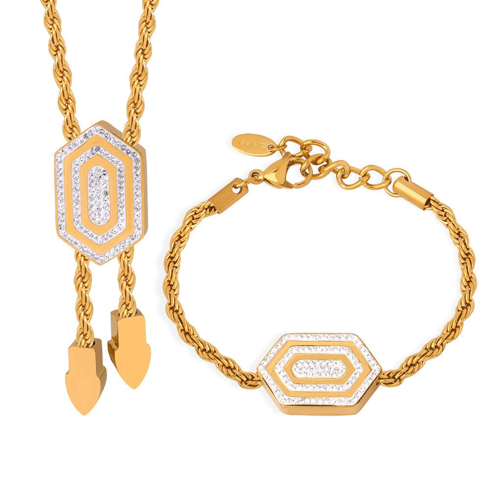 18K gold exquisite and noble hexagonal inlaid zircon and tassel design bracelet and necklace set - SAOROPHO