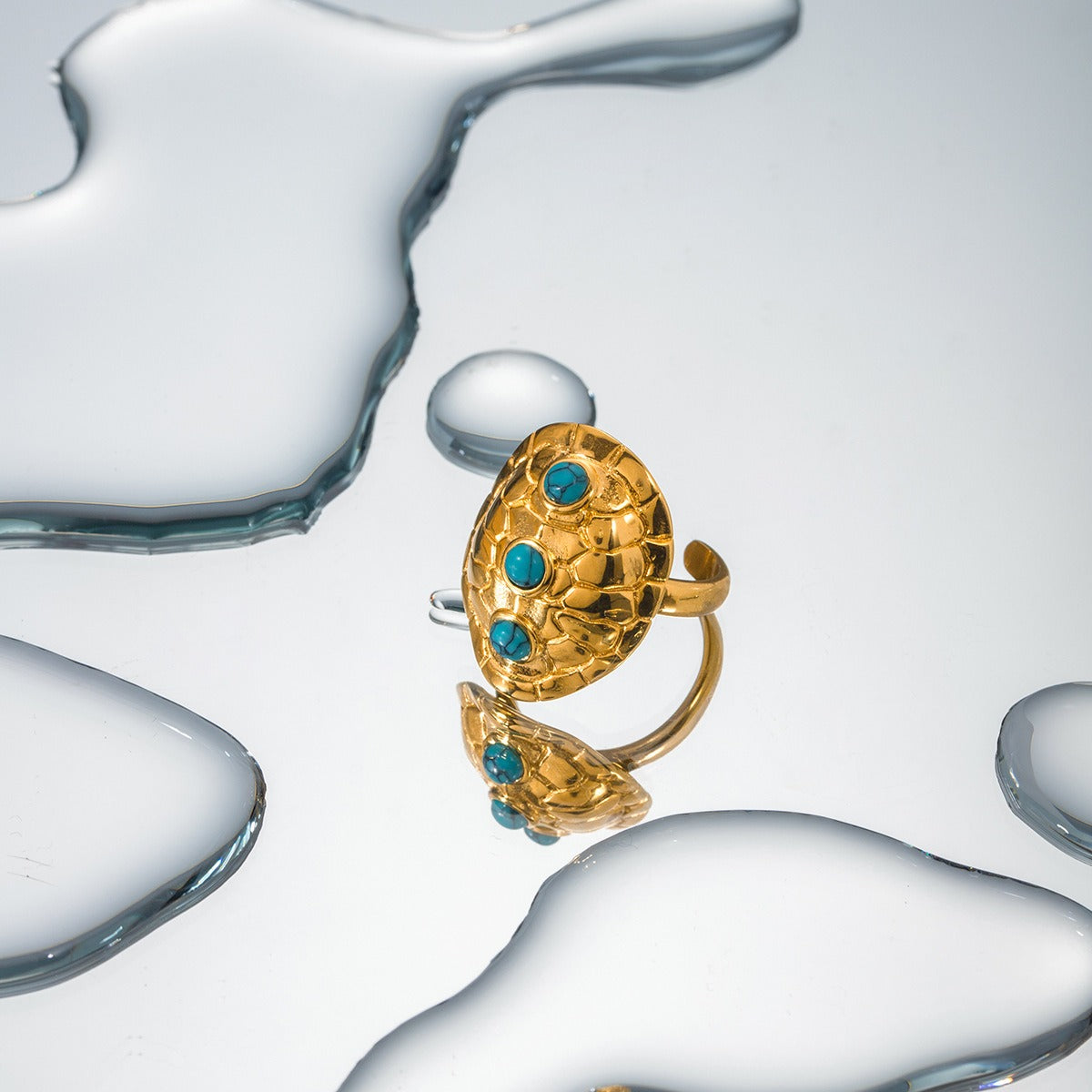18k gold noble and elegant tortoise shell inlaid turquoise design open ring - SAOROPHO