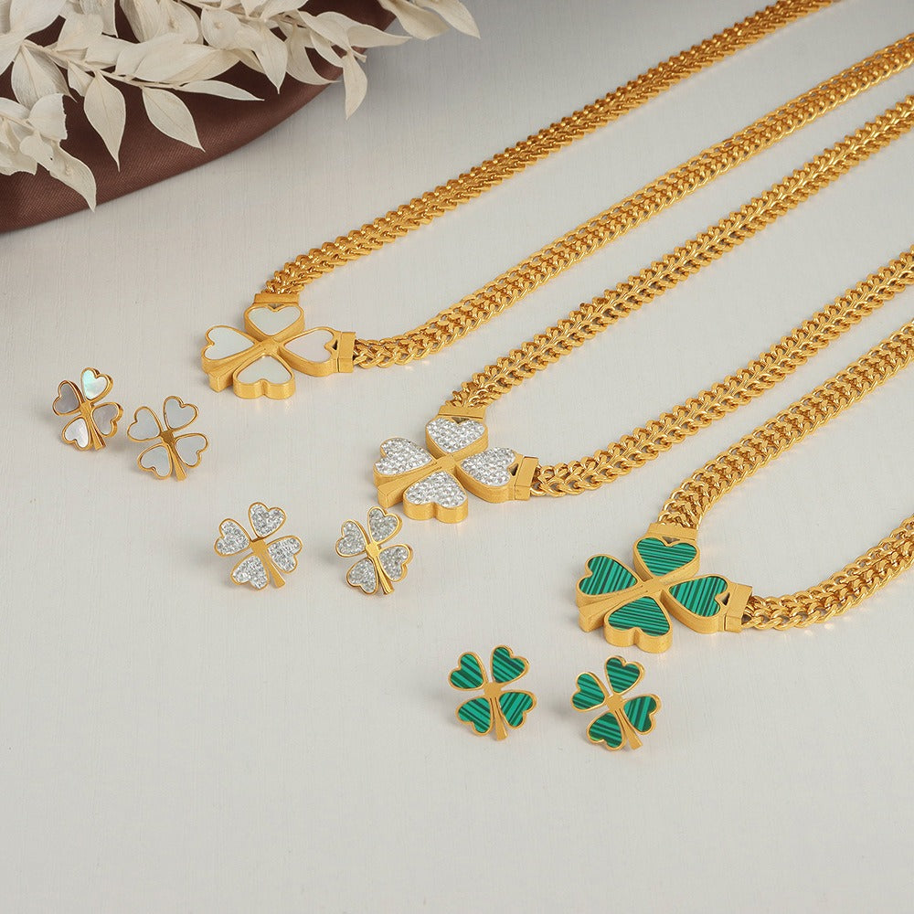 18K gold exquisite and fashionable four-leaf clover flower inlaid with gemstone design pastoral style necklace bracelet earrings set - SAOROPHO