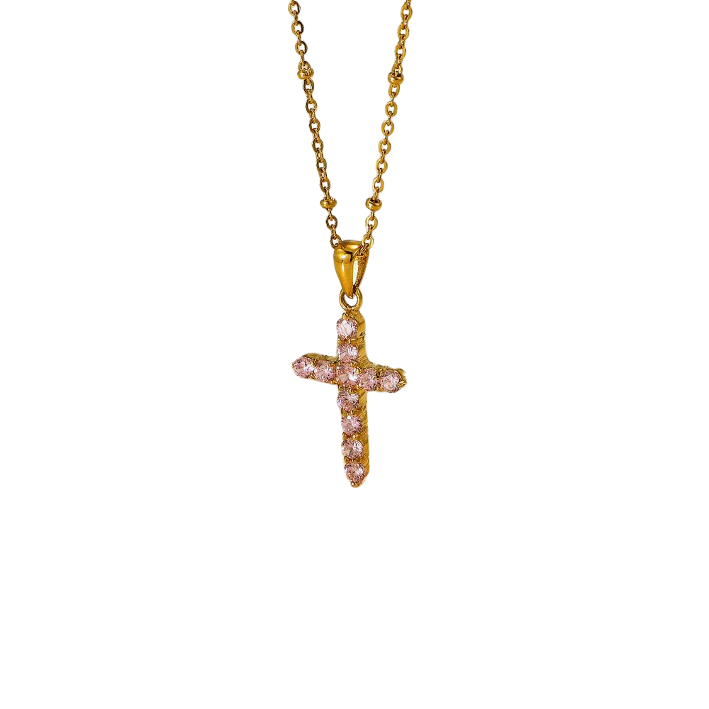 18K Gold Plated Pink Zircon Cross Pendant Necklace - SAOROPHO