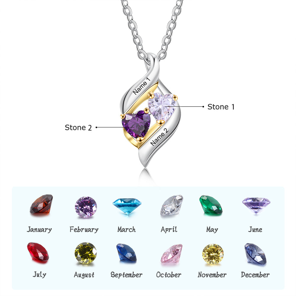 925 Silver Customized Names Two Heart Shape Birthstones Necklace - SAOROPHO