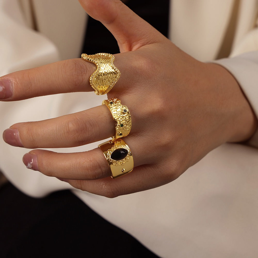 18K gold trendy and personalized irregular-shaped open ring with geometric bark pattern design - SAOROPHO