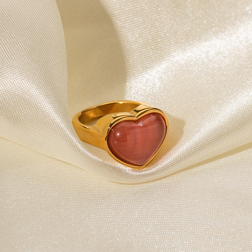 18K gold classic fashionable love inlaid cat's eye design ring - SAOROPHO