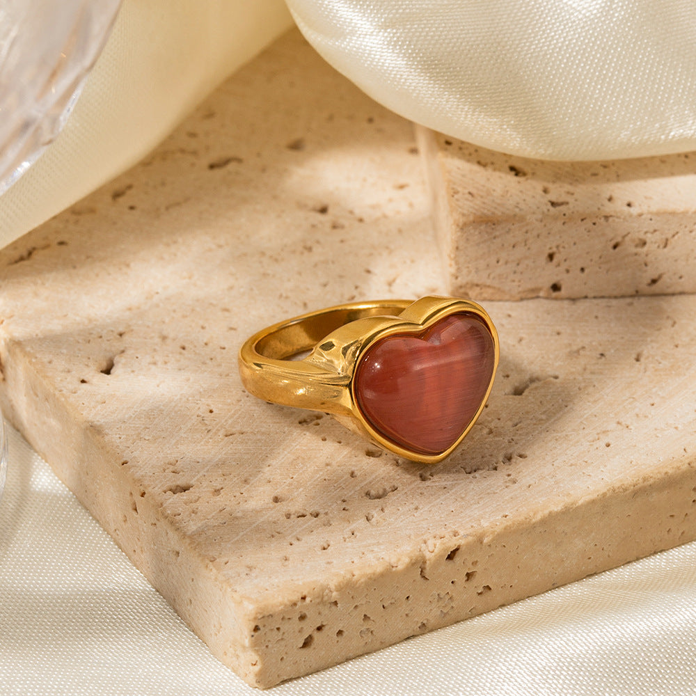 18K gold classic fashionable love inlaid cat's eye design ring - SAOROPHO