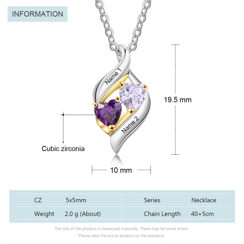 925 Silver Customized Names Two Heart Shape Birthstones Necklace - SAOROPHO